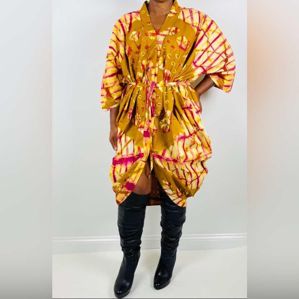 African Print Ankara Tie Dye Multicolor Belted Midi Shirt Cardigan Kimon…